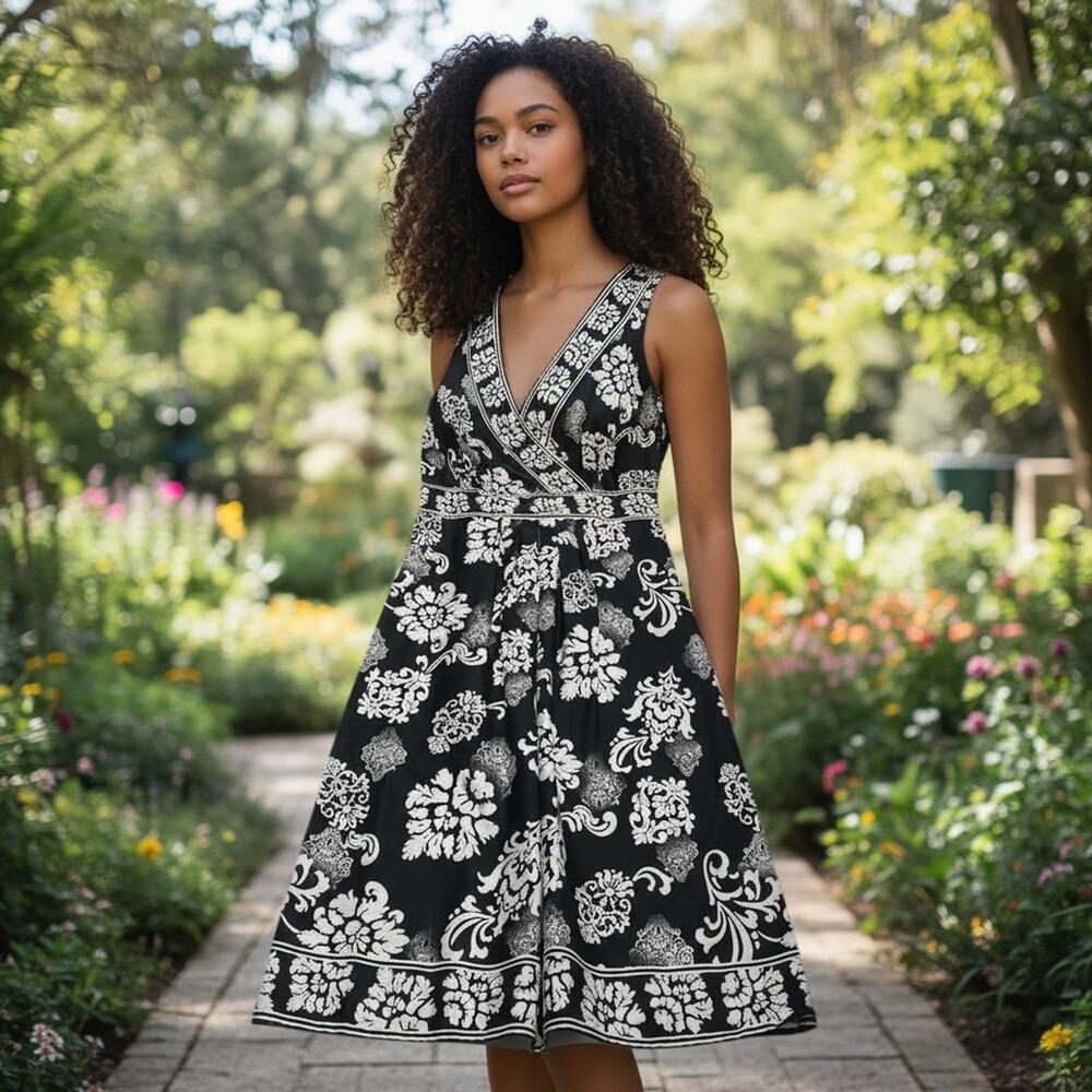 Charter Club Black and White Floral Wrap-Style Midi Dress
